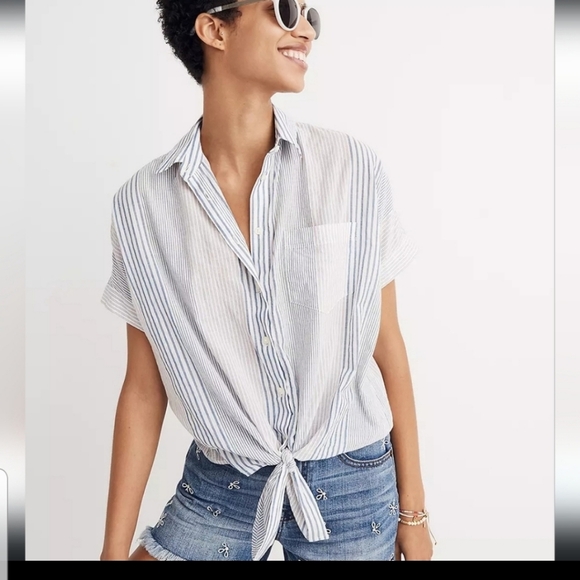 Madewell shortsleeve tie front shirt in rawley stripe - Picture 1 of 8